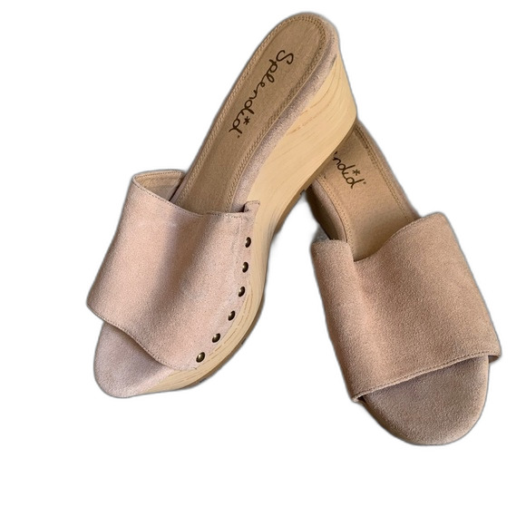 Splendid Tan Nubuck Suede Wedge Platform Mule Sandals Size 8.5M - Picture 1 of 9